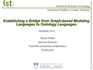 Establishing a Bridge from Graph-based Modeling Languages to Ontology Languages Tobias Walter Hannes Schwarz Yuan Ren (University of Aberdeen) 30.06.2010 TWOMDE 2010 