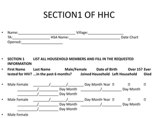 SECTION1 OF HHC
•   Name:_____________________________ Village:__________________
    TA:___________________ HSA Name:__________________________ Date Chart
    Opened:_____________________



•   SECTION 1       LIST ALL HOUSEHOLD MEMBERS AND FILL IN THE REQUESTED
    INFORMATION
•   First Name      Last Name           Male/Female      Date of Birth    Over 15? Ever
    tested for HIV? ...in the past 6 months?    Joined Household Left Household    Died

•   Male Female ________/________/________ Day Month Year              
         __________/__________ Day Month __________/__________ Day Month
         __________/__________ Day Month
•   Male Female ________/________/________ Day Month Year              
         __________/__________ Day Month __________/__________ Day Month
         __________/__________ Day Month
•   Male Female
 