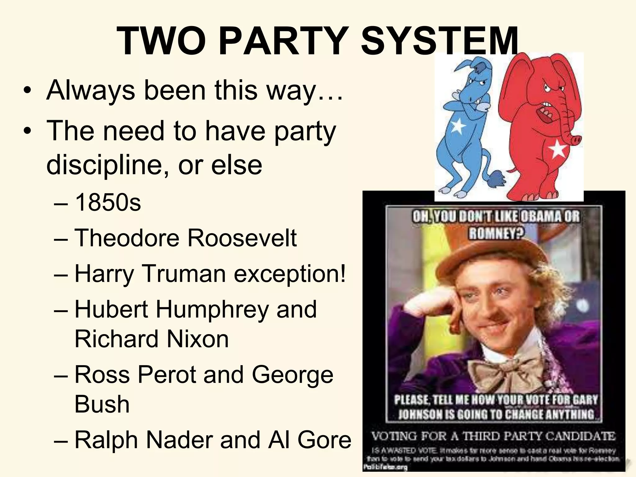 TWO PARTY SYSTEM 
• Always been this way… 
• The need to have party 
discipline, or else 
– 1850s 
– Theodore Roosevelt 
– Harry Truman exception! 
– Hubert Humphrey and 
Richard Nixon 
– Ross Perot and George 
Bush 
– Ralph Nader and Al Gore 
 