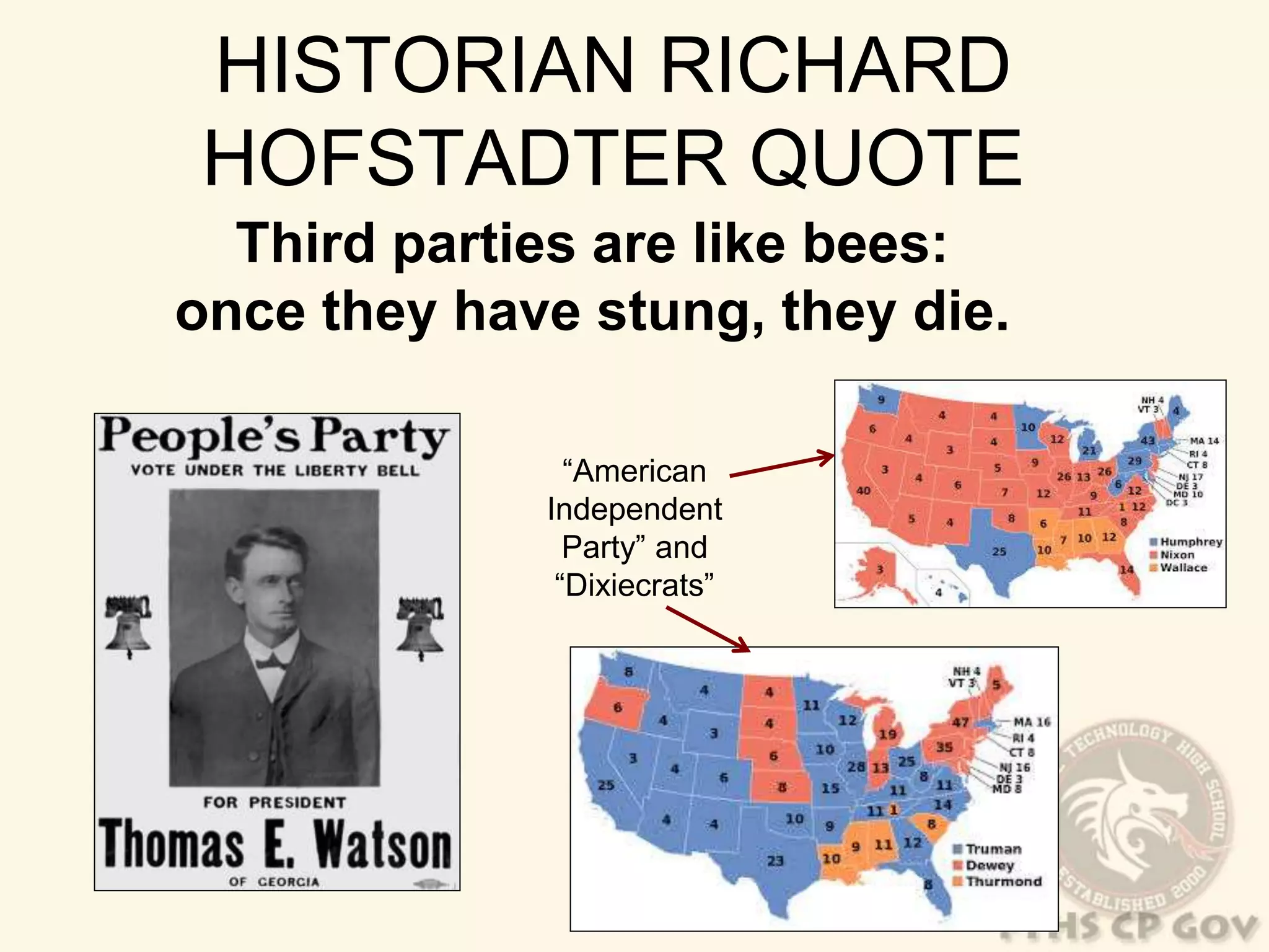 HISTORIAN RICHARD 
HOFSTADTER QUOTE 
Third parties are like bees: 
once they have stung, they die. 
“American 
Independent 
Party” and 
“Dixiecrats” 
 