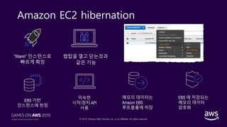 © 2019, Amazon Web Services, Inc. or its affiliates. All rights reserved.
Amazon EC2 hibernation
EBS 에 저장되는
메모리 데이터
암호화
EBS 기반
인스턴스에 한정
익숙한
시작/정지 API
사용
메모리 데이터는
Amazon EBS
루트볼륨에 저장
“Warm” 인스턴스로
빠르게 확장
랩탑을 열고 닫는것과
같은 기능
 