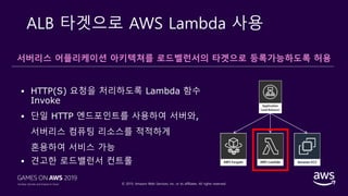 © 2019, Amazon Web Services, Inc. or its affiliates. All rights reserved.
ALB 타겟으로 AWS Lambda 사용
서버리스 어플리케이션 아키텍쳐를 로드벨런서의 타겟으로 등록가능하도록 허용
 HTTP(S) 요청을 처리하도록 Lambda 함수
Invoke
 단일 HTTP 엔드포인트를 사용하여 서버와,
서버리스 컴퓨팅 리소스를 적적하게
혼용하여 서비스 가능
 견고한 로드밸런서 컨트롤
 