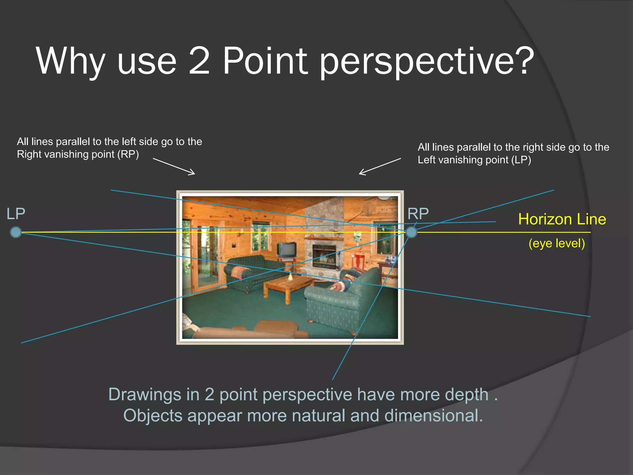 Why use 2 Point perspective?
 All lines parallel to the left side go to the
                                                             All lines parallel to the right side go to the
 Right vanishing point (RP)
                                                             Left vanishing point (LP)




LP                                                          RP                       Horizon Line
                                                                                       (eye level)




                       Drawings in 2 point perspective have more depth .
                        Objects appear more natural and dimensional.
 