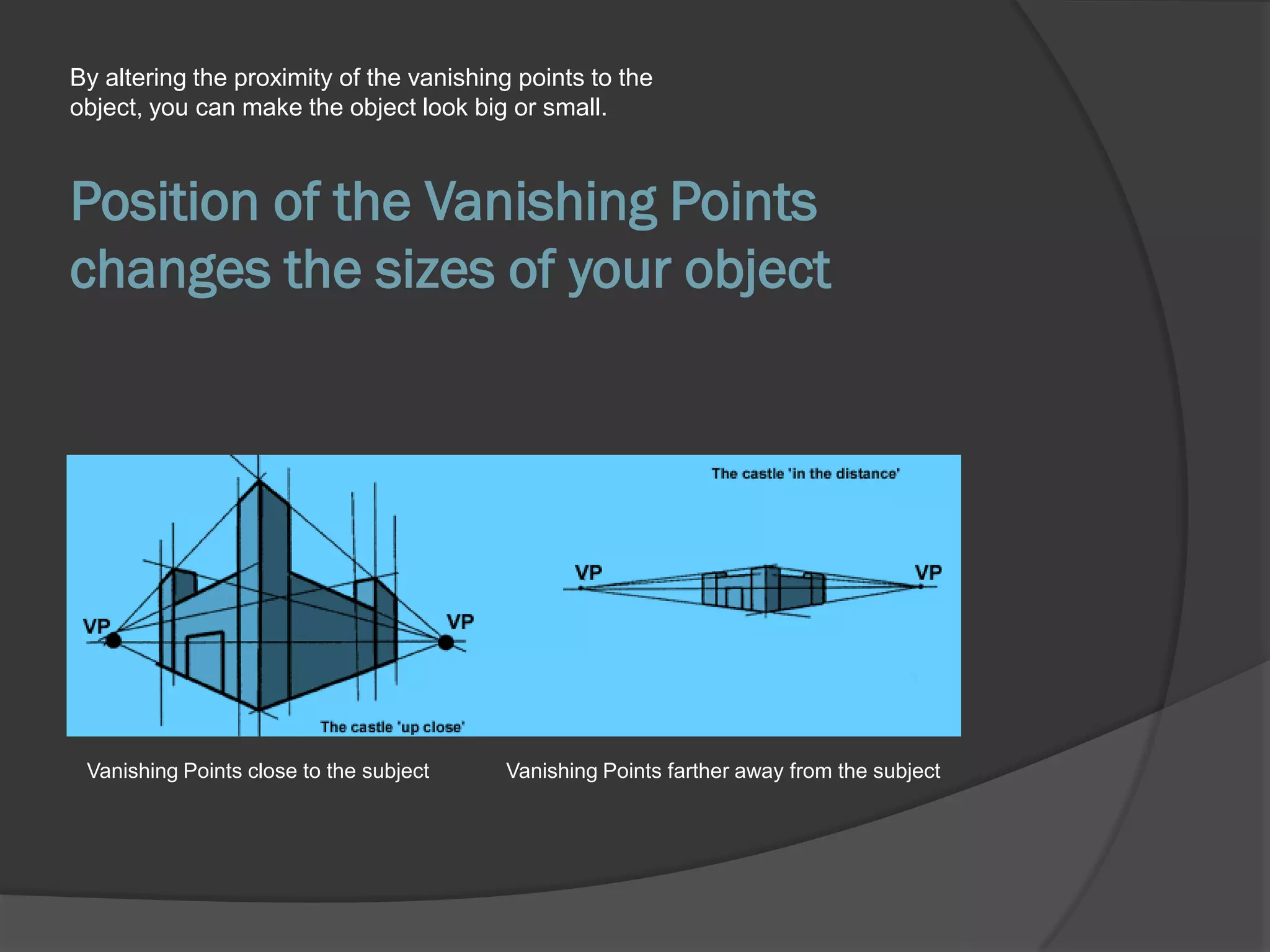 By altering the proximity of the vanishing points to the
object, you can make the object look big or small.



Position of the Vanishing Points
changes the sizes of your object




 Vanishing Points close to the subject   Vanishing Points farther away from the subject
 