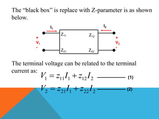 The “black box” is replace with Z-parameter is as shown
below.
The terminal voltage can be related to the terminal
current as:
+
V1
-
I1
I2
+
V2
-
Z11
Z21
Z12
Z22
2221212
2121111
IzIzV
IzIzV

 (1)
(2)
 