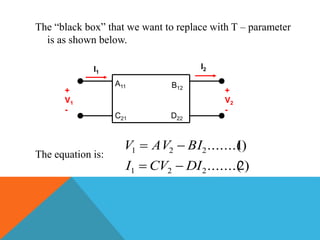 The “black box” that we want to replace with T – parameter
is as shown below.
The equation is:
+
V1
-
I1
I2
+
V2
-
A11
C21
B12
D22
)2.......(
)1.......(
221
221
DICVI
BIAVV


 
