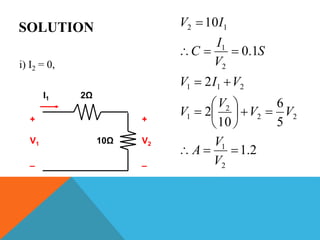 SOLUTION
i) I2 = 0,
2Ω
10Ω
+
V2
_
I1
+
V1
_
2.1
5
6
10
2
2
1.0
10
2
1
22
2
1
211
2
1
12











V
V
A
VV
V
V
VIV
S
V
I
C
IV
 