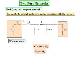 Two Port Networks
Modifying the two port network:
We modify the network as shown be adding elements outside the two ports
8
2 0 2 0 Ω
ΩΩ
Ω
1 0
+
_
+
_
V 1 V 2
I 1 I 2
+
_
1 0 v
6 Ω
4 Ω
We now have:
V1 = 10 - 6I1
V2 = - 4I2
 
