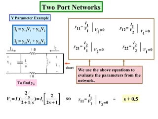 Two Port Networks
1
1
11 V
I
y =
0
2
=V
2
1
12 V
I
y =
0
1
=V
1
2
21 V
I
y =
0
2
=V 2
2
22 V
I
y =
0
1
=V
I1 = y11V1 + y12V2
I2 = y21V1 + y22V2
+
_
+
_
V 1
V 2
I 1
I 2
s
1
1 Ω
1 Ω
s
To find y11




+
=
+
=
12
2
)
12
2
( 111
s
I
s
sIV so = s + 0.5
1
1
11 V
I
y =
0
2
=V
We use the above equations to
evaluate the parameters from the
network.
Y Parameter Example
short
 