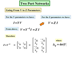 Two Port Networks
Going From Y to Z Parameters
For the Y parameters we have:
VYI =
For the Z parameters we have:
IZV =
From above; IZIYV == −1






















=
∆∆
−
∆
−
∆
−
==
Y
y
Y
y
Y
y
Y
y
zz
zz
YZ
1121
1222
2221
12111 YY
det=∆
Therefore
where
 