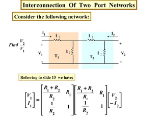 Interconnection Of Two Port Networks
Consider the following network:
R 1
R 2
R 1
R 2T1 T2
Referring to slide 13 we have;
+
_
+
_
V1 V2
I1 I2
1
2
V
V
Find






−











 +













 +
=





2
2
2
1
21
2
1
2
21
1
1
1
1
1
1
2
I
V
R
R
R
RR
R
R
R
RR
I
V
 
