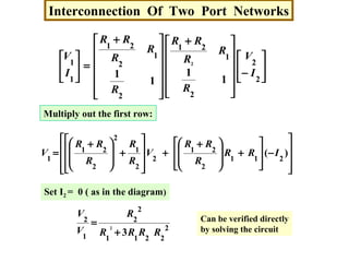 





−











 +













 +
=





2
2
2
1
21
2
1
2
21
1
1
1
1
1
1
2
I
V
R
R
R
RR
R
R
R
RR
I
V
Interconnection Of Two Port Networks
Multiply out the first row:










−








+







 +
+








+







 +
= )( 211
2
21
2
2
1
2
2
21
1
IRR
R
RR
V
R
R
R
RR
V
Set I2 = 0 ( as in the diagram)
2
2211
2
2
1
2
3
2
RRRR
R
V
V
+
= Can be verified directly
by solving the circuit
 