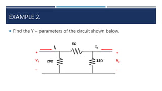EXAMPLE 2.
 Find the Y – parameters of the circuit shown below.
5Ω
15Ω20Ω
+
V1
_
+
V2
_
I1
I2
 
