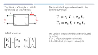 +
V1
-
I1
I2
+
V2
-
Z11
Z21
Z12
Z22
The “black box” is replaced with Z-
parameters as shown below.
The terminal voltage can be related to the
terminal current as:
2221212
2121111
IzIzV
IzIzV




















2
1
2221
1211
2
1
I
I
zz
zz
V
V
In Matrix form as: The value of the parameters can be evaluated
by setting:
1. I1= 0 (input port open – circuited)
2. I2= 0 (output port open – circuited)
 