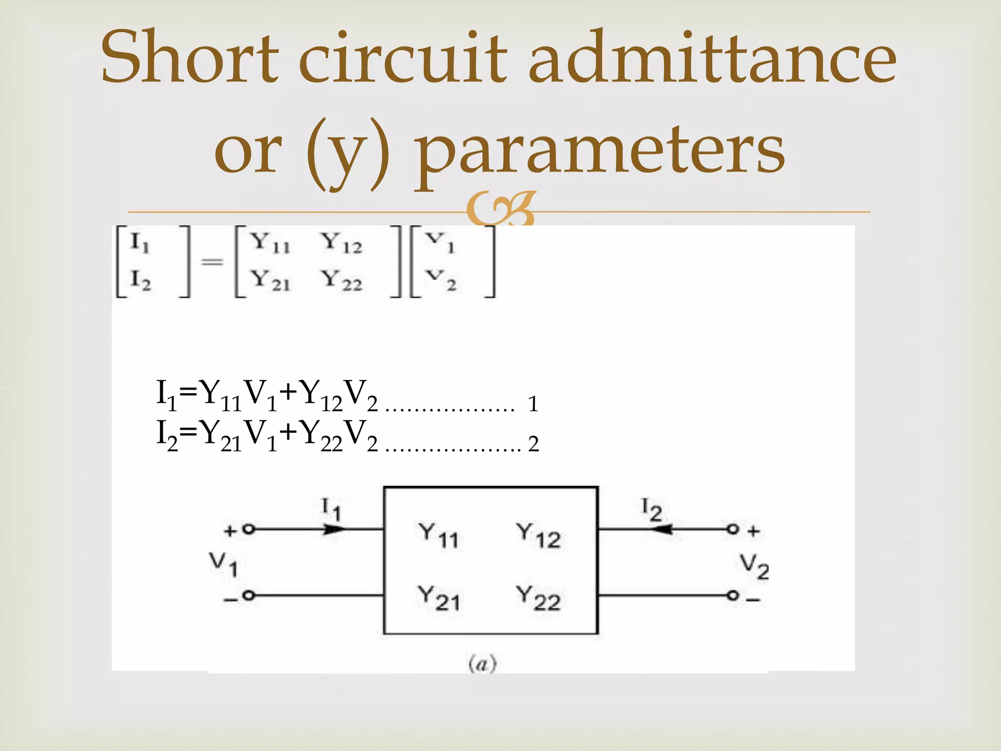 
Short circuit admittance
or (y) parameters
I1=Y11V1+Y12V2 ……………… 1
I2=Y21V1+Y22V2 ………………. 2
 