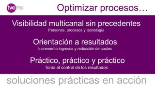Optimizar procesos…
 Visibilidad multicanal sin precedentes
             Personas, procesos y tecnología


       Orientación a resultados
        Incremento ingresos y reducción de costes


      Práctico, práctico y práctico
           Toma el control de los resultados


soluciones prácticas en acción
 