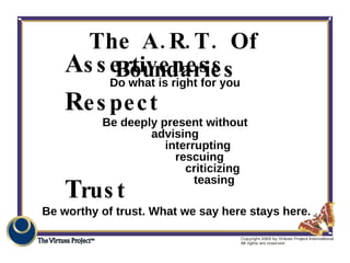 The A.R.T. Of Boundaries A ssertiveness R espect T rust Do what is right for you Be deeply present without advising interr...