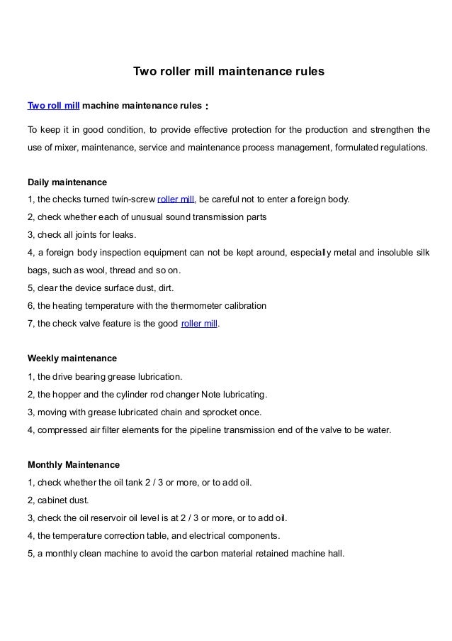 Two roller mill maintenance rules