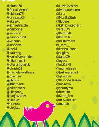 @blume78           @LuziaTschirky
@RegulaAeppli      @fvongruenigen
@akinom75          @luna
@princessCH        @MonikaStulz
@skala4u
@schnellnicole     @katjazwitschert
@dialogine         @Frau_W
@sandravi          @BeatrixR
@sunnechind        @DieChili
@kcinnab           @BaslerMeitli
@Textonia          @_rem__
@iladyi            @karibu_sana
@katering          @seglias
@KarinMayerhofer   @taniaZH
@hikarinoshi       @ogeca
@utestattplastik   @nici1879
@chrisie62         @moninielsen
@michelewesthues   @justynagrund
@toastfee          @gluexfee
@FNDFis            @thunoderlassen
@stadtheidi        @mosermu
@hikarinoshi       @shantyma
@ellegant_         @bisculm
@katjawalder       @Kaori_Ino
@allerlay          @mcschindler
@nraeber           @monah
@birgitzz
 