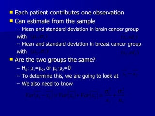 Each patient contributes one observation Can estimate from the sample Mean and standard deviation in brain cancer group with  Mean and standard deviation in breast cancer group with Are the two groups the same? H 0 :   1 =  2 , or   1 -  2 =0 To determine this, we are going to look at  We also need to know  