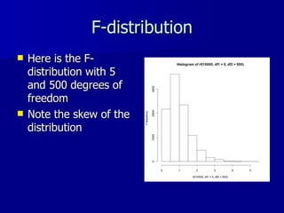 F-distribution Here is the F-distribution with 5 and 500 degrees of freedom Note the skew of the distribution 