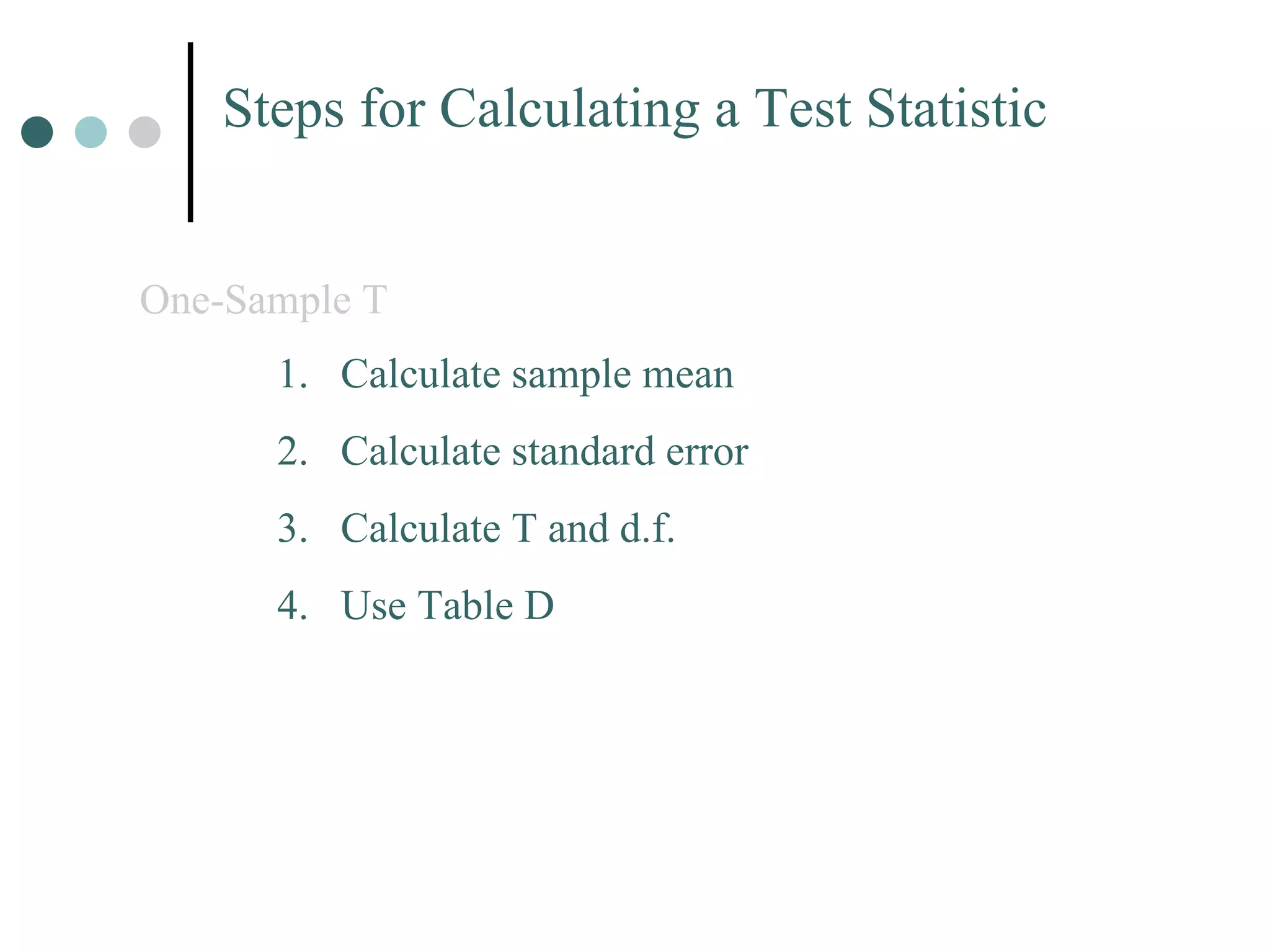 Steps for Calculating a Test Statistic One-Sample T Calculate sample mean Calculate standard error Calculate T and d.f. Use Table D 