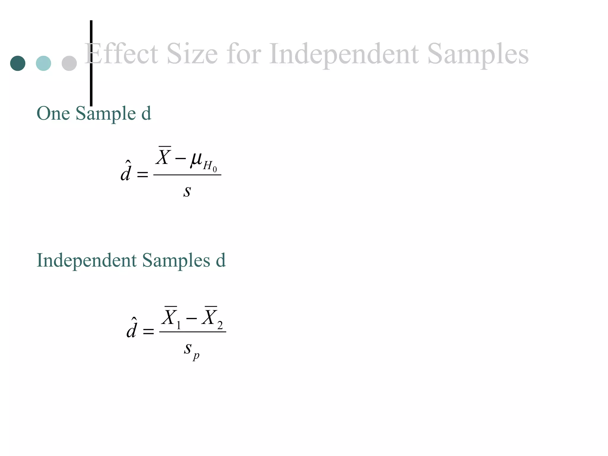 Effect Size for Independent Samples One Sample d Independent Samples d 