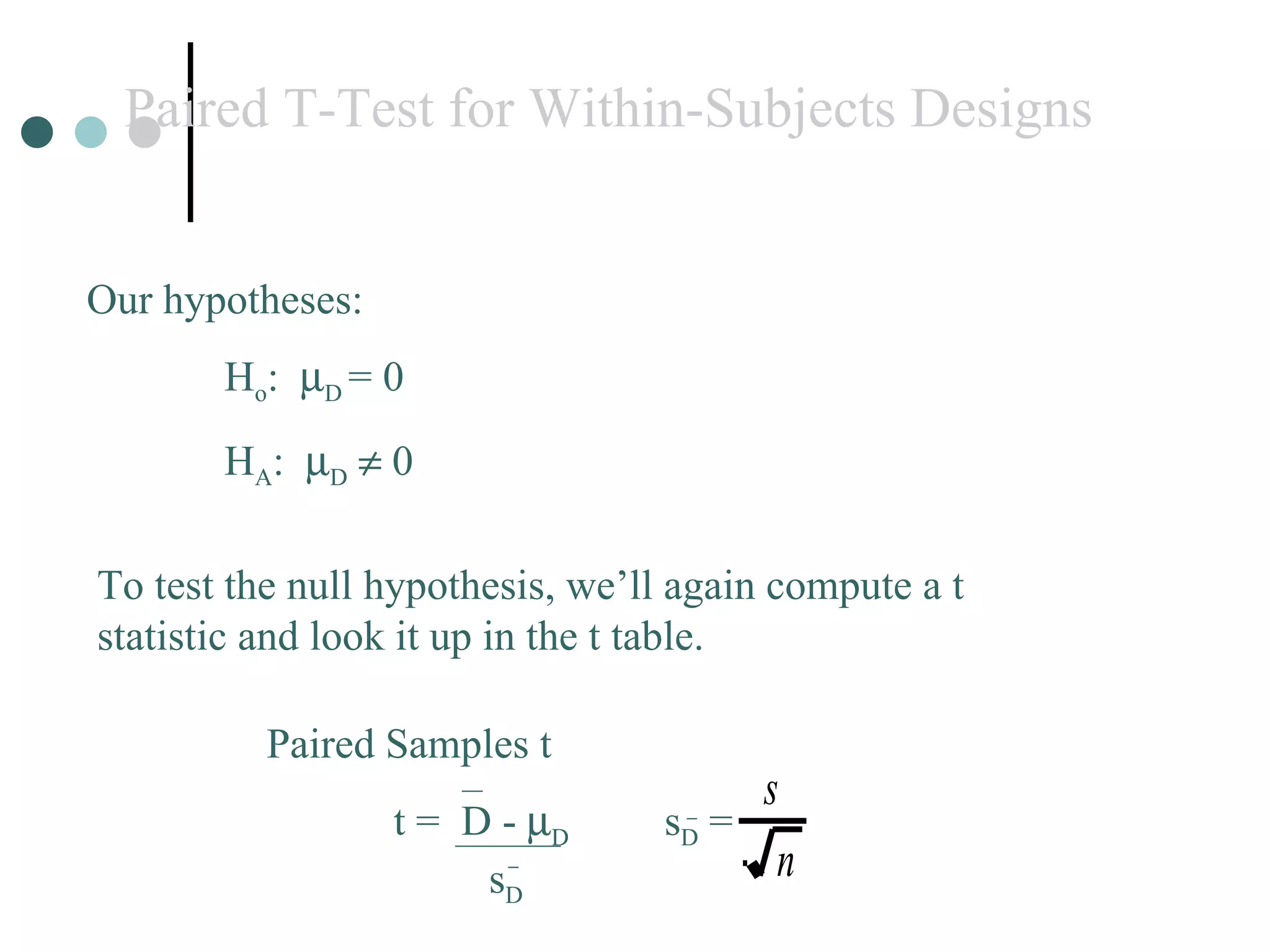Paired T-Test for Within-Subjects Designs Our hypotheses:   H o :   D  = 0   H A :   D     0 To test the null hypothesis, we’ll again compute a t statistic and look it up in the t table. Paired Samples t t =  D -   D   s D  =    s D   