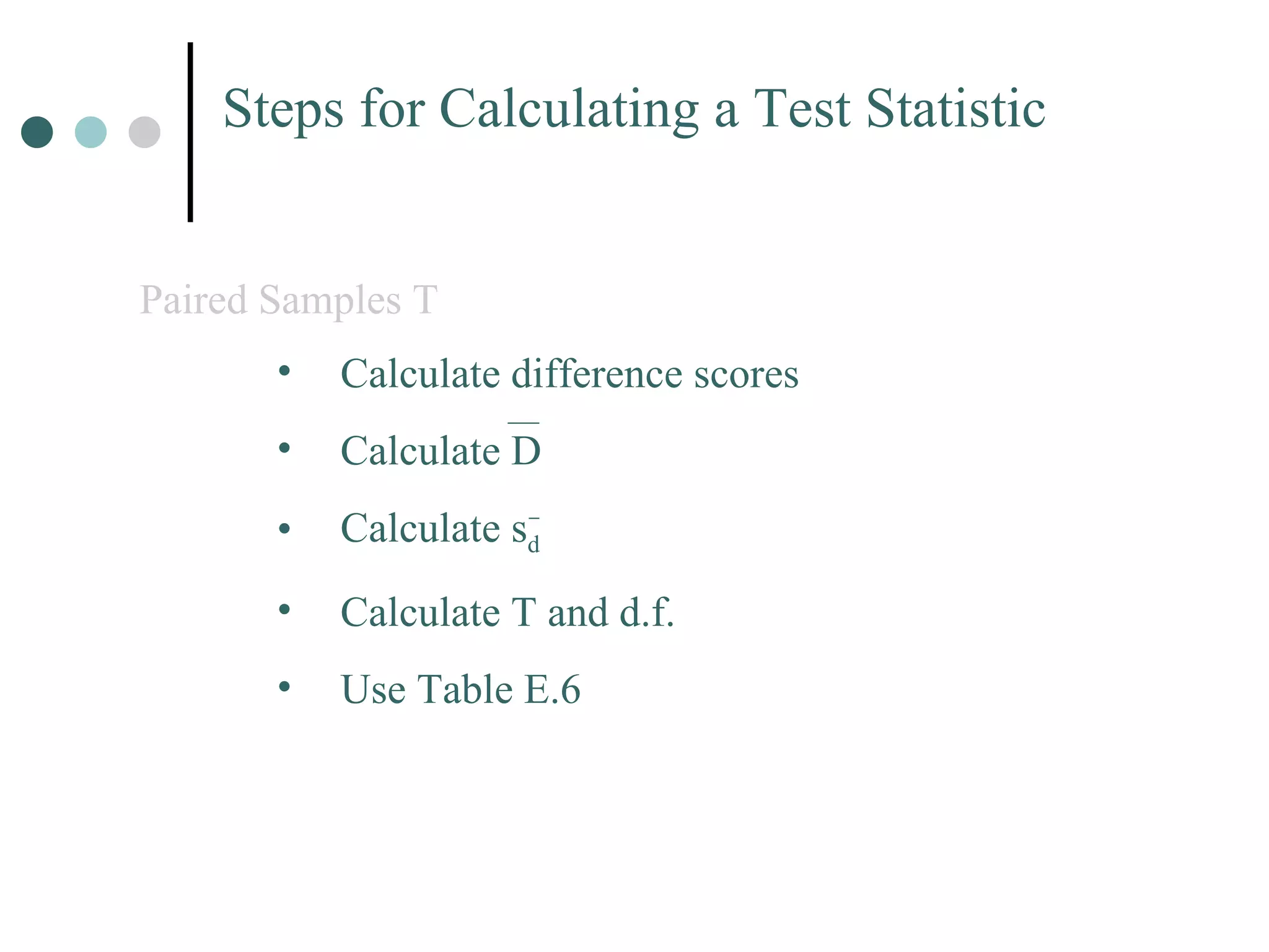 Steps for Calculating a Test Statistic Paired Samples T Calculate difference scores Calculate D Calculate s d Calculate T and d.f. Use Table E.6 