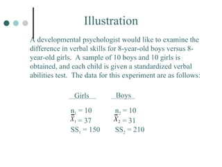 Illustration A developmental psychologist would like to examine the difference in verbal skills for 8-year-old boys versus 8-year-old girls.  A sample of 10 boys and 10 girls is obtained, and each child is given a standardized verbal abilities test.  The data for this experiment are as follows: Girls Boys n 1  = 10   = 37 SS 1  = 150 n 2  = 10   = 31 SS 2  = 210 
