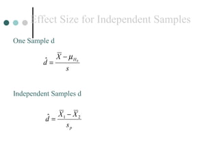 Effect Size for Independent Samples One Sample d Independent Samples d 