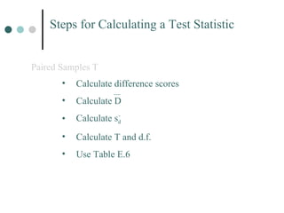 Steps for Calculating a Test Statistic Paired Samples T Calculate difference scores Calculate D Calculate s d Calculate T and d.f. Use Table E.6 