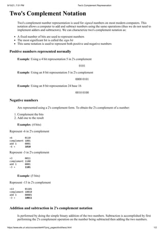 Two's complement represenation | PDF | Computing | Technology & Computing
