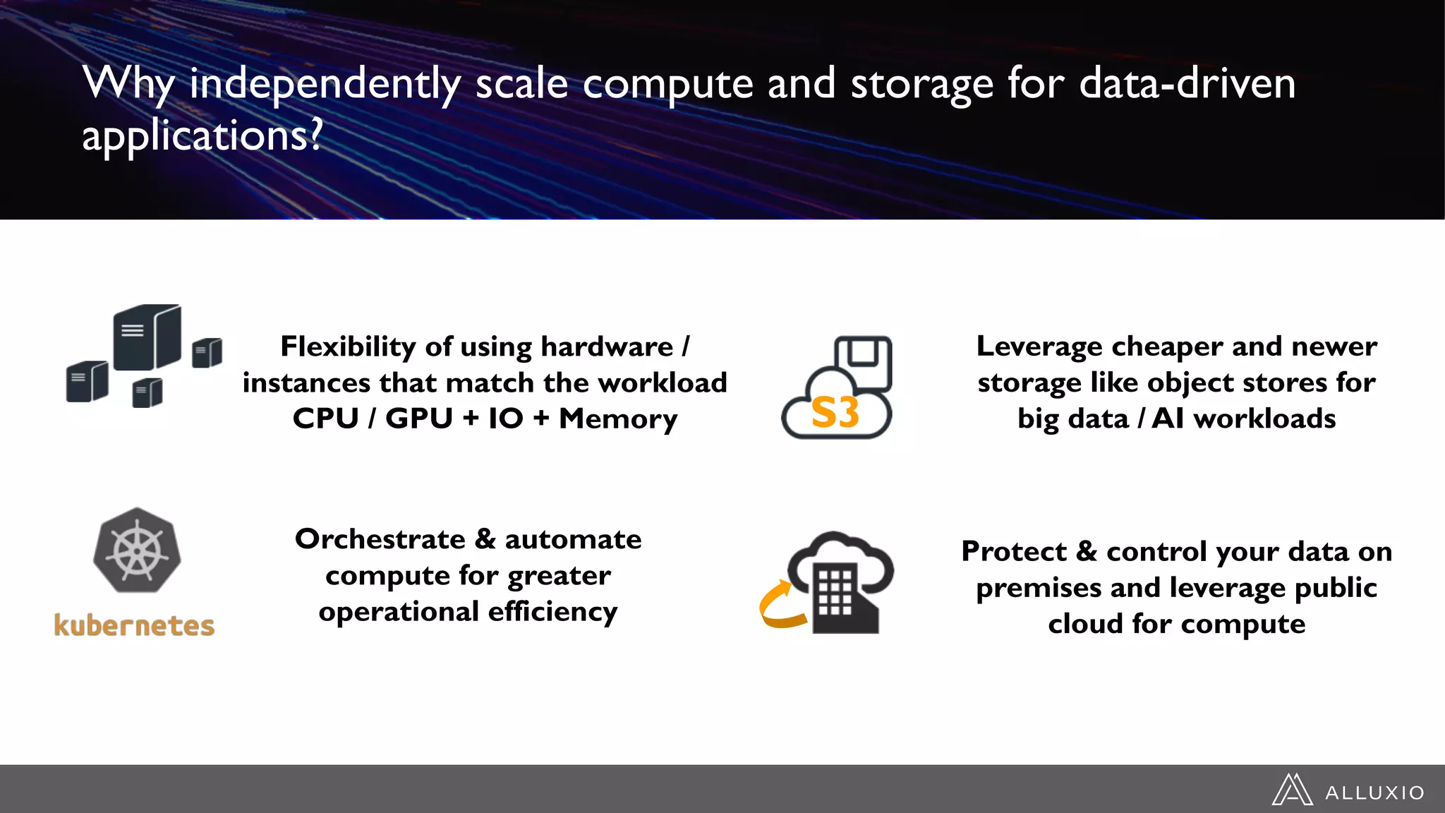 Why independently scale compute and storage for data-driven
applications?
Flexibility of using hardware /
instances that match the workload
CPU / GPU + IO + Memory S3
Leverage cheaper and newer
storage like object stores for
big data / AI workloads
Orchestrate & automate
compute for greater
operational efficiency
Protect & control your data on
premises and leverage public
cloud for compute
 