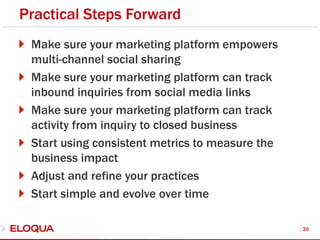 Practical Steps ForwardMake sure your marketing platform empowers multi-channel social sharingMake sure your marketing platform can track inbound inquiries from social media linksMake sure your marketing platform can track activity from inquiry to closed businessStart using consistent metrics to measure the business impactAdjust and refine your practicesStart simple and evolve over time30