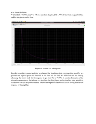 Rise time Calculation:  
V­(0.01/100) = 99.999, here V is 100. As seen from the plot, 1.93­1.90=0.03 ms which is equal to 30 ns,                                       
making it a decent settling time. 
 
 
Figure 13: Plot for Fall Settling time 
 
In order to conduct transient analysis, we observed the simulation of the response of the amplifier to a                                   
positive and negative pulse and observed its fall time and rise time. We then found the rise time by                                     
observing the time it took for the response to go from 0% to 99.99%. A similar observation of the                                     
simulation was made for the fall time. As seen from the above figure settling time here 30ns, which is in                                       
accordance with our project requirement. The test bench proved to be a useful tool in finding the transient                                   
response of the amplifier.  
 