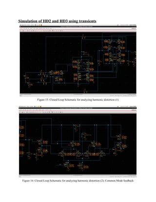 Simulation of HD2 and HD3 using transients 
 
Figure 15: Closed Loop Schematic for analyzing harmonic distortion (1) 
 
 
Figure 16: Closed Loop Schematic for analyzing harmonic distortion (2), Common Mode feedback 
 