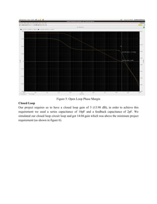  
Figure 5: Open Loop Phase Margin 
Closed Loop 
Our project requires us to have a closed loop gain of 5 (13.98 dB), in order to achieve this                                     
requirement we used a series capacitance of 10pF and a feedback capacitance of 2pF. We                             
simulated our closed loop circuit loop and got 14.04 gain which was above the minimum project                               
requirement (as shown in figure 6).  
 