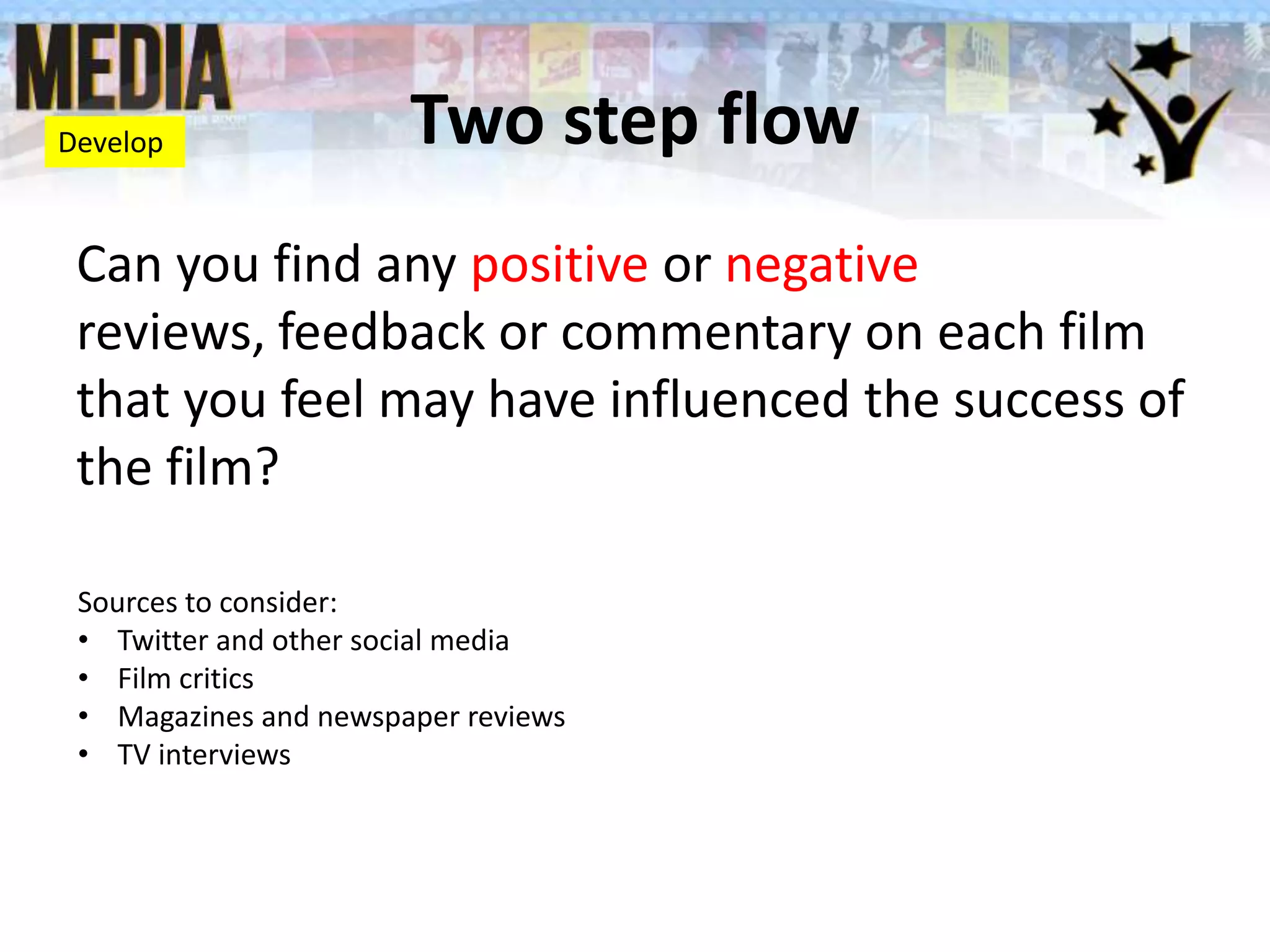 Two step flow
Can you find any positive or negative
reviews, feedback or commentary on each film
that you feel may have influenced the success of
the film?
Develop
Sources to consider:
• Twitter and other social media
• Film critics
• Magazines and newspaper reviews
• TV interviews
 