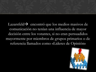 Lazarsfeld encontró que los medios masivos de
comunicación no tenían una influencia de mayor
decisión entre los votantes,...