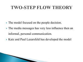  The model focused on the people decision.
 The media messages has very less influence then an
informal, personal communication.
 Katz and Paul Lazarsfeld has developed the model
 