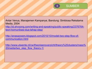 Antar Venus, Manajemen Kampanye, Bandung: Simbiosa Rekatama
Media, 2004
http://id.shvoong.com/writing-and-speaking/public-speaking/2376764-
teori-komunikasi-dua-tahap-step/
http://anasazwars.blogspot.com/2010/10/model-two-step-flow-of-
communication.html
http://www.utwente.nl/cw/theorieenoverzicht/theory%20clusters/mass%
20media/two_step_flow_theory-1/
SUMBER8
 
