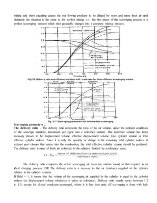 mixing and short circuiting causes the out flowing products to be diluted by more and more fresh air until
ultimately the situation is the same as for perfect mixing, i.e., the first phase of the scavenging process is a
perfect scavenging process which then gradually changes into a complete mixing process.
Fig,2.16 Delivery ratio and efficiency variation with `crankcase for three different scavenging modes.
Fig. 2.17 Scavenging parameters for intermediate scavenging
Scavenging parameters ..
The delivery ratio - The delivery ratio represents the ratio of the air volume, under the ambient conditions
of the scavenge manifold, introduced per cycle and a reference volume. This reference volume has been
variously chosen to be displacement volume, effective displacement volume, total cylinder volume or total
effective cylinder volume. Since it is only the quantity or charge in the remaining total cylinder volume at
exhaust port closure that enters into the combustion, the total effective cylinder volume should be preferred.
The delivery ratio is mass of fresh air delivered to the cylinder divided by a reference mass,
The delivery ratio compares the actual scavenging air mass (or mixture mass) to that required in an
ideal charging process. OR The delivery ratio is a measure to the air (mixture) supplied to the cylinder
relative to the cylinder content.
If Rdel = 1, it means that the volume of the scavenging air supplied to the cylinder is equal to the cylinder
volume (or displacement volume whichever is taken as reference). Delivery ratio usually varies between 1.2
to 1.5, except for closed crankcase-scavenged, where it is less than unity. (If scavenging is done with fuel-
 