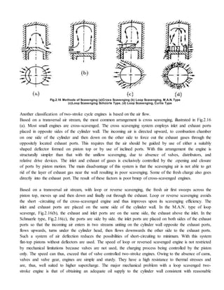 Fig.2.16 Methods of Scavenging (a)Cross Scavenging (b) Loop Scavenging, M.A.N. Type
(c)Loop Scavenging Schüürle Type, (d) Loop Scavenging, Curtis Type
Another classification of two-stroke cycle engines is based on the air flow.
Based on a transversal air stream, the most common arrangement is cross scavenging, illustrated in Fig.2.16
(a). Most small engines are cross-scavenged. The cross scavenging system employs inlet and exhaust ports
placed in opposite sides of the cylinder wall. The incoming air is directed upward, to combustion chamber
on one side of the cylinder and then down on the other side to force out the exhaust gases through the
oppositely located exhaust ports. This requires that the air should be guided by use of either a suitably
shaped deflector formed on piston top or by use of inclined ports. With this arrangement the engine is
structurally simpler than that with the uniflow scavenging, due to absence of valves, distributors, and
relative drive devices. The inlet and exhaust of gases is exclusively controlled by the .opening and closure
of ports by piston motion. The main disadvantage of this system is that the scavenging air is not able to get
rid of the layer of exhaust gas near the wall resulting in poor scavenging. Some of the fresh charge also goes
directly into the exhaust port. The result of these factors is poor bmep of cross-scavenged engines.
Based on a transversal air stream, with loop or reverse scavenging, the fresh air first sweeps across the
piston top, moves up and then down and finally out through the exhaust. Loop or reverse scavenging avoids
the short -circuiting of the cross-scavenged engine and thus improves upon its scavenging efficiency. The
inlet and exhaust ports are placed on the same side of the cylinder wall. In the M.A.N. type of loop
scavenge, Fig.2.16(b), the exhaust and inlet ports are on the same side, the exhaust above the inlet. In the
Schnuerle type, Fig.2.16(c), the ports are side by side. the inlet ports are placed on both sides of the exhaust
ports so that the incoming air enters in two streams uniting on the cylinder wall opposite the exhaust ports,
flows upwards, turns under the cylinder head, then flows downwards the other side to the exhaust ports.
Such a system of air deflection reduces the possibilities of short-circuiting to minimum. With this system
flat-top pistons without deflectors are used. The speed of loop or reversed scavenged engine is not restricted
by mechanical limitations because valves are not used, the charging process being controlled by the piston
only. The speed can thus, exceed that of valve controlled two-stroke engines. Owing to the absence of cams,
valves and valve gear, engines are simple and sturdy. They have a high resistance to thermal stresses and
are, thus, well suited to higher supercharge. The major mechanical problem with a loop scavenged two-
stroke engine is that of obtaining an adequate oil supply to the cylinder wall consistent with reasonable
 