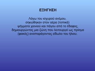 ΕΞΗΓΗΣΗ Λόγω του ισχυρού ανέμου ,  σηκώθηκαν στον αέρα (τοπικά)   ψήγματα χιονιού και πάγου από το έδαφος, δημιουργώντας μια ζώνη που   λειτουργεί ως πρίσμα (φακός) αναπαράγοντας είδωλο του ήλιου.   