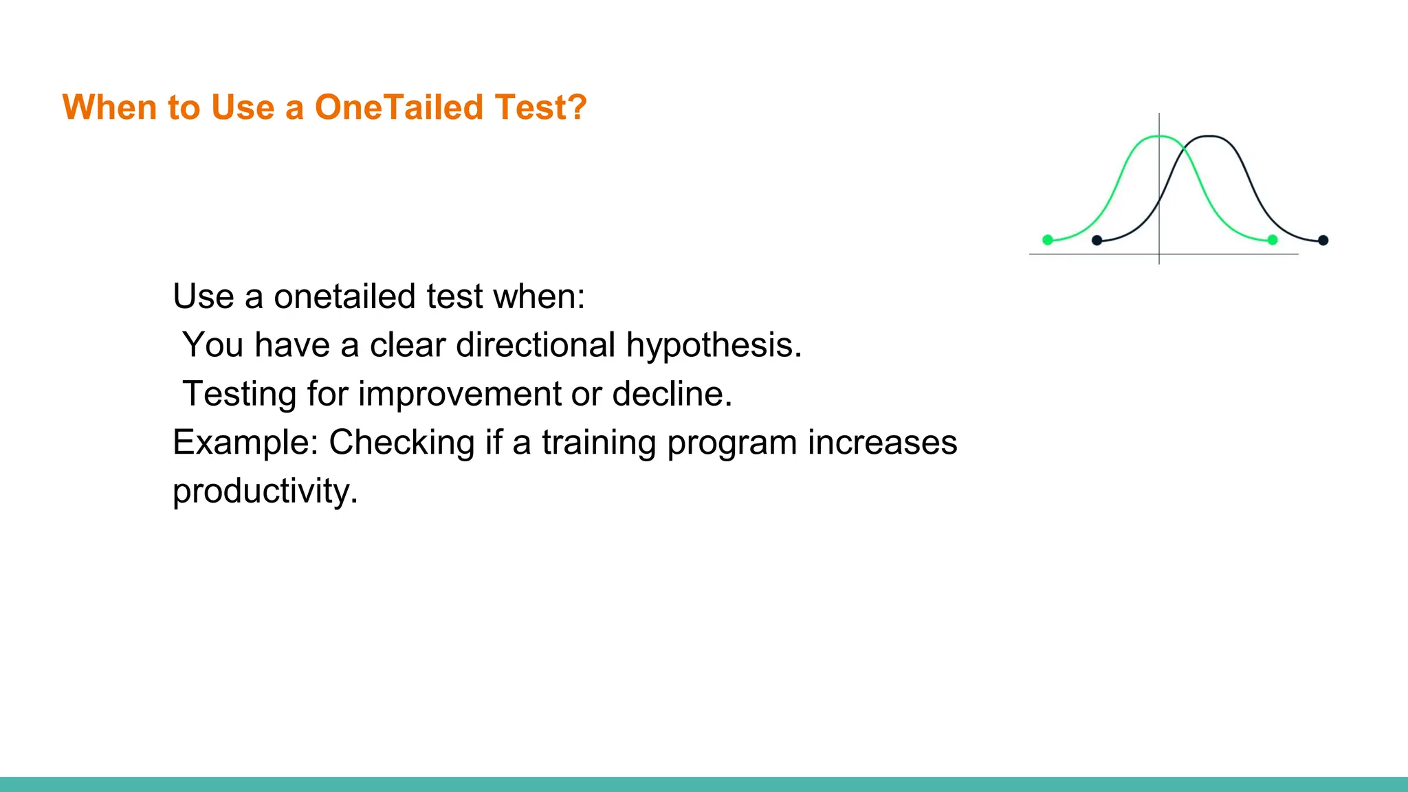 When to Use a OneTailed Test?
Use a onetailed test when:
You have a clear directional hypothesis.
Testing for improvement or decline.
Example: Checking if a training program increases
productivity.
 