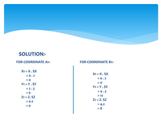 SOLUTION:-
X1 = X . SX
= 0 . 2
= 0
Y1 = Y . SY
= 2 . 3
= 6
Z1 = Z. SZ
= 0.2
= 0
FOR COORDINATE A1:-
X1 = X . SX
= 0 . 2
= 0
Y1 = Y . SY
= 4 . 3
= 12
Z1 = Z. SZ
= 4.2
= 8
FOR COORDINATE B1:-
 
