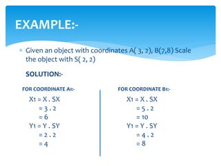 EXAMPLE:-
 Given an object with coordinates A( 3, 2), B(7,8) Scale
the object with S( 2, 2)
SOLUTION:-
X1 = X . SX
= 3 . 2
= 6
Y1 = Y . SY
= 2 . 2
= 4
FOR COORDINATE A1:- FOR COORDINATE B1:-
X1 = X . SX
= 5 . 2
= 10
Y1 = Y . SY
= 4 . 2
= 8
 