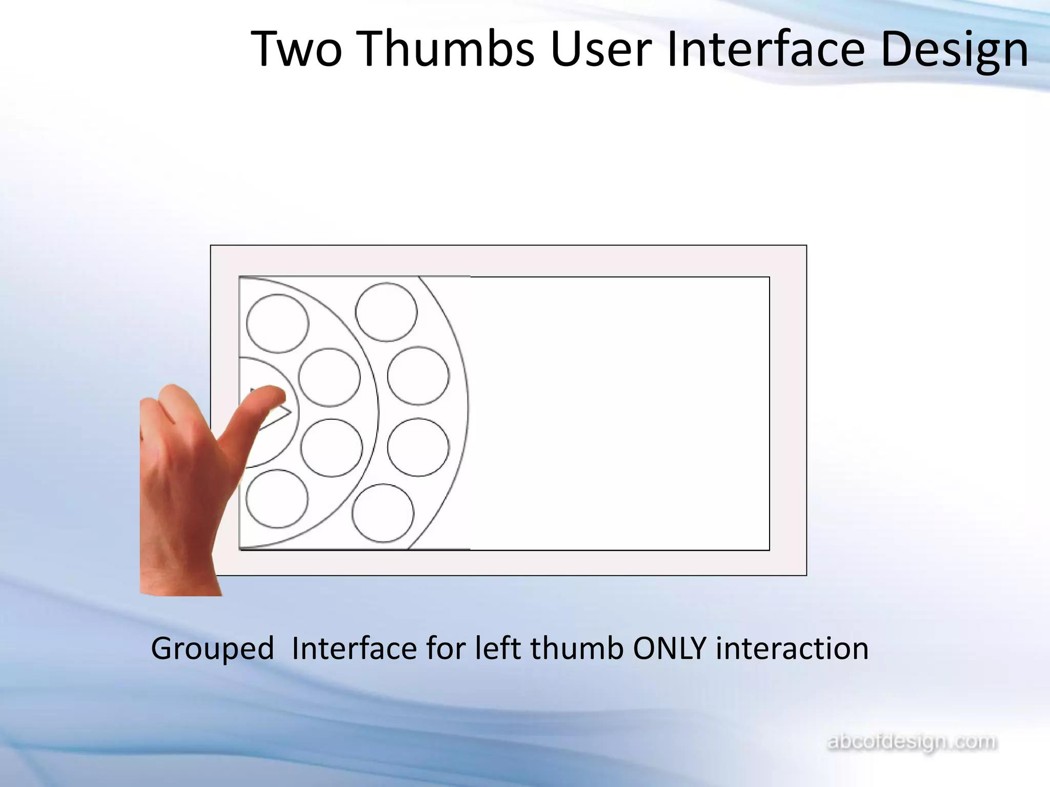 Two Thumbs User Interface Design




Grouped Interface for left thumb ONLY interaction
 