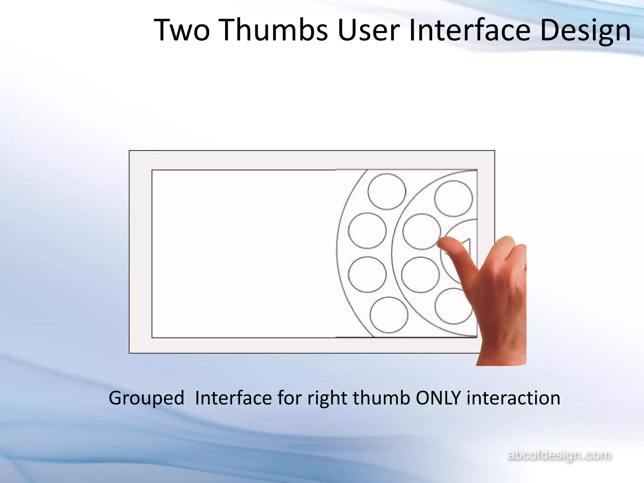 Two Thumbs User Interface Design




Grouped Interface for right thumb ONLY interaction
 